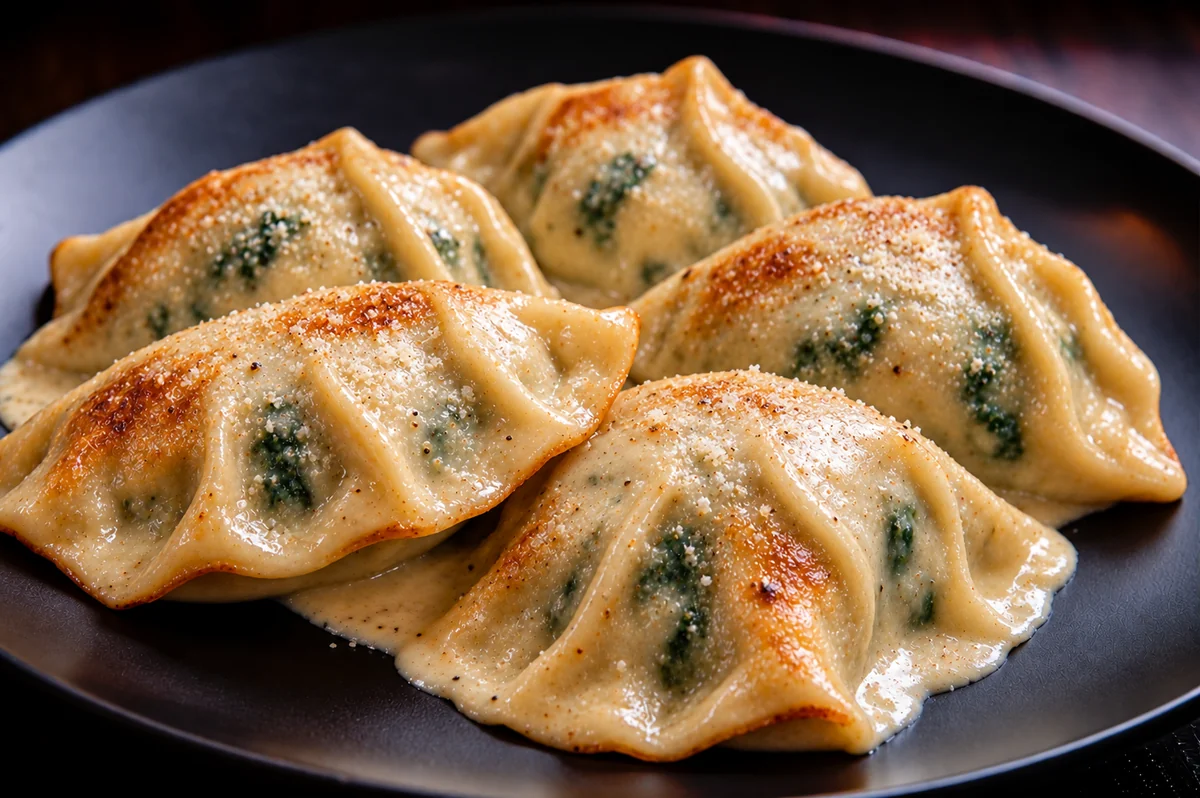 Golden spinach gyoza in a creamy garlic sauce