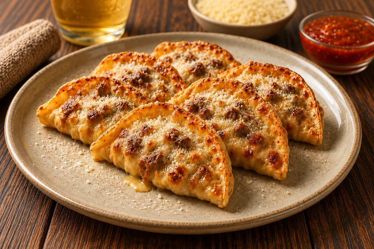 Pizza beef gyoza topped with melted cheese on a round plate