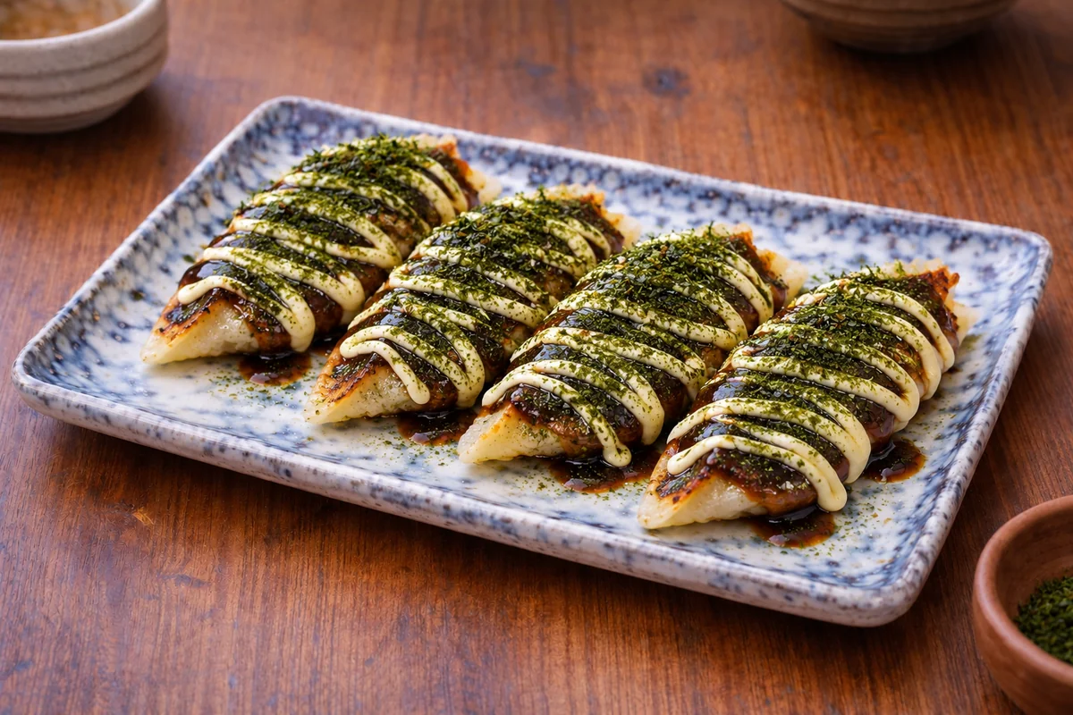 Four takoyaki gyoza with sauce and seaweed on a blue ceramic platter