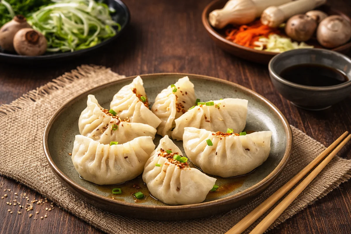 Vegetable gyoza topped with sesame and spring onion on a rustic plate